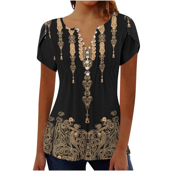 KIHOUT Women's Summer Tops Pleated Button V Neck Short Sleeve T-Shirt Causal Waist A-Line Print Tunic Tops
