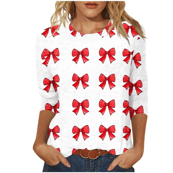 KIHOUT Women's Sweet Red Bow 3/4 Sleeve Top - White Base, Perfect for Valentine’s Casual Days & Small Gatherings (S-5XL)
