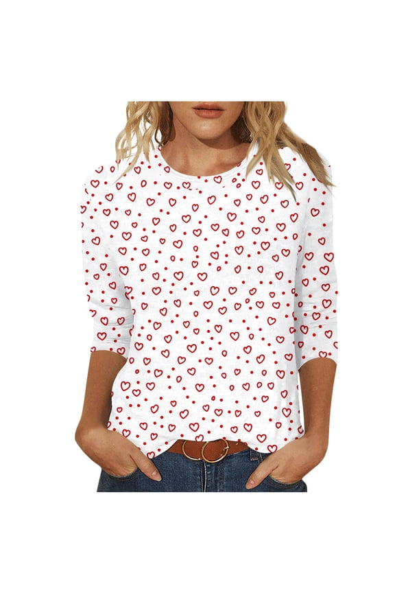 Women's Sweet Red Heart 3/4 Sleeve Top - White Base, Perfect for Valentine’s Casual Days & Small Gatherings (S-5XL)
