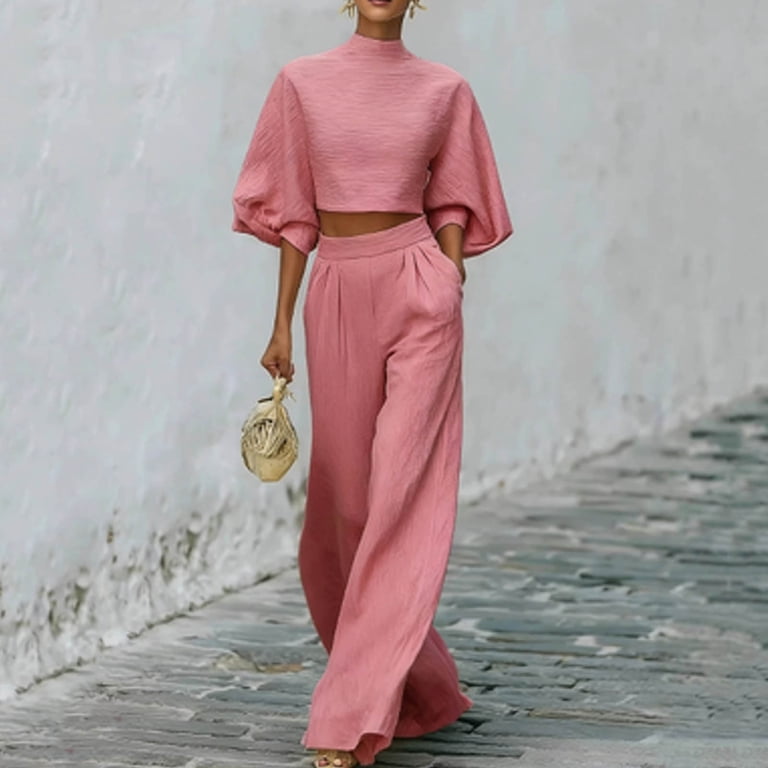 KIHOUT Women's Textured Mock Neck Puff Sleeve Crop Top and High Waist Pleated Wide Leg Pants Two Piece Set with Pockets for Casual & Formal Wear