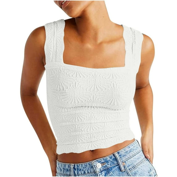 KIHOUT Women's Textured Square Neck Crop Tank Top Wide Straps Sleeveless Form-Fitting Blouse for Spring Summer Wear