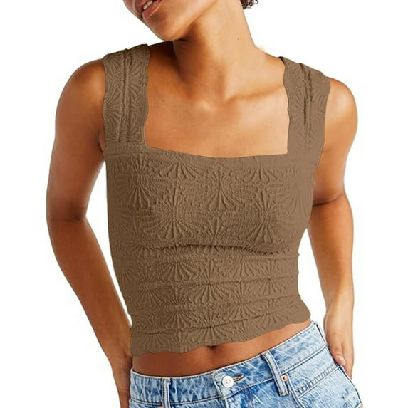 KIHOUT Women's Textured Square Neck Crop Tank Top Wide Straps Sleeveless Form-Fitting Blouse for Spring Summer Wear