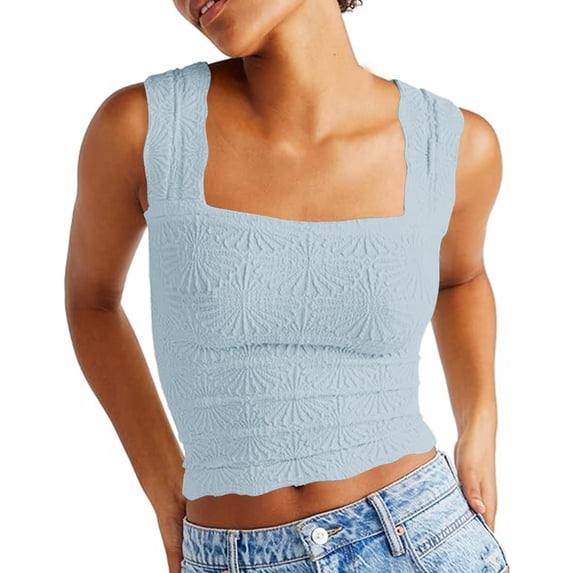 KIHOUT Women's Textured Square Neck Crop Tank Top Wide Straps Sleeveless Form-Fitting Blouse for Spring Summer Wear