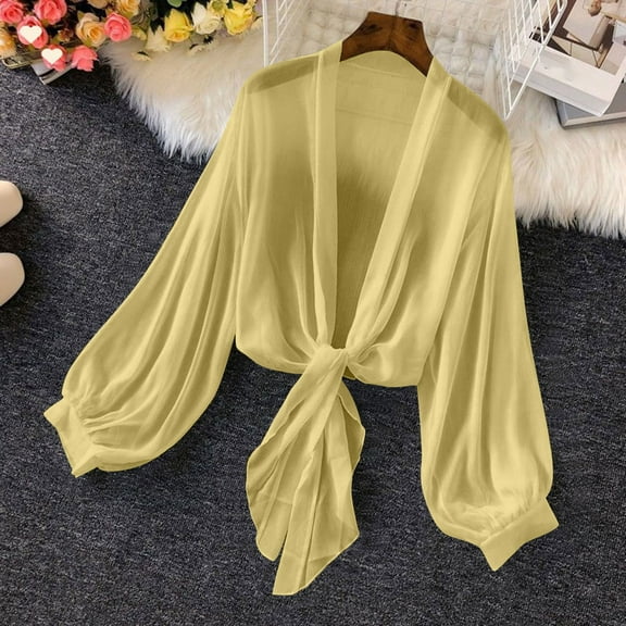 KIHOUT Women's Tie Front Chiffon Blouses Long Lantern Sleeve See Through Dressy Casual Shirts Cardigan