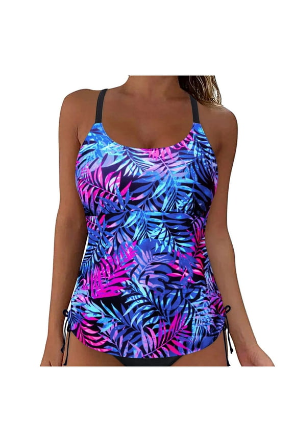Women's Tropical Leaf Print Tankini Top | Adjustable Side Tie Backless Swimwear Top