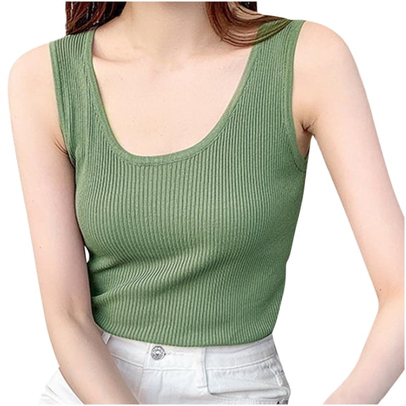 KIHOUT Women's U-Neck Ribbed Ice Silk Tank Top Sleeveless Form-Fitting Casual Blouse for Spring Summer Wear