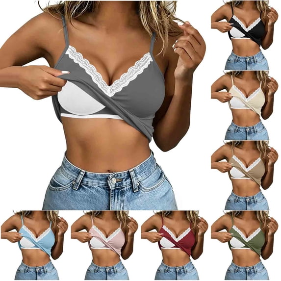 KIHOUT Women's V Neck Camisole Tank Top with Lace Trim Adjustable Straps Built in Bra Padded Cup Sleeveless Casual Summer Tops for Women