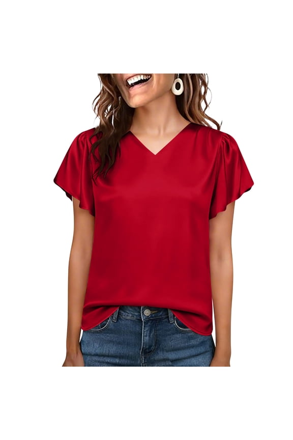 Women's V-Neck Flutter Short Sleeve Satin Blouse Loose Fit Elegant Casual Top for Work, Everyday and Semi-Casual Occasions