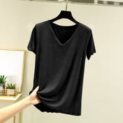 KIHOUT Women's V-Neck Ruffle Trim T-Shirt Short Sleeve Stretchy Buttery Soft Loungewear Sleepwear Top