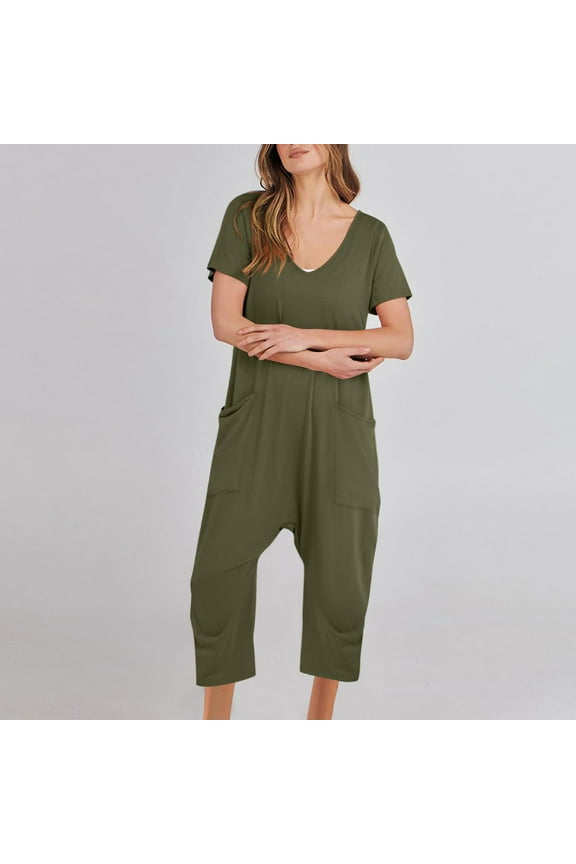 Women's V-Neck Short Sleeve Harem Jumpsuit with Pockets Relaxed Fit Cropped Casual Romper for All-Season Loungewear