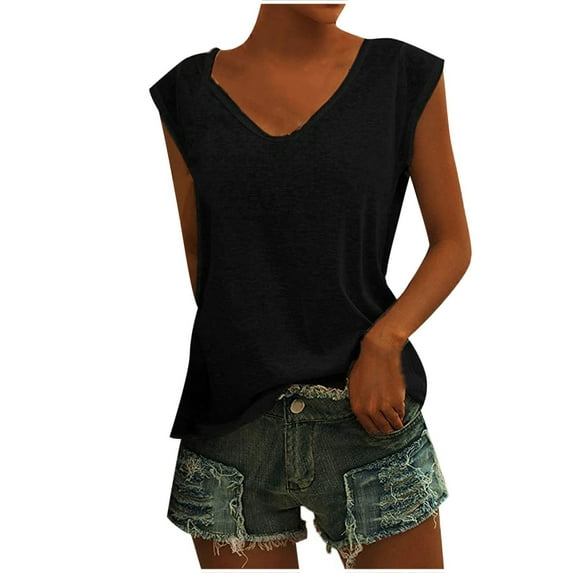 KIHOUT Women's V Neck T-Shirts Casual Solid Color T-Shirt Loose Soft Cap Sleeve Blouse Tops
