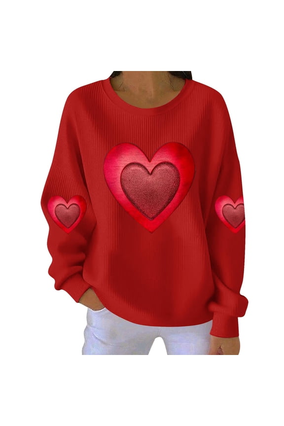 Women's Valentine's Day 3D Red Heart Sweatshirt - Ribbed Knit Long Sleeve Top with Sleeve Heart Details for Romantic Date Night & Holiday Outfits (S-4XL)