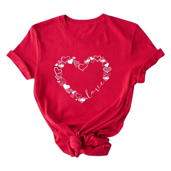KIHOUT Women's Valentine's Day Hand-Drawn Heart Print Short Sleeve Crew Neck T-Shirt - 95% Polyester 5% Spandex S-XXXL Plus Size Casual Red Shirt