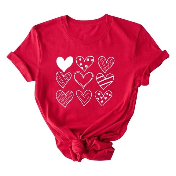KIHOUT Women's Valentine's Day Hand-Drawn Heart Print Short Sleeve Crew Neck T-Shirt - 95% Polyester 5% Spandex S-XXXL Plus Size Casual Red Shirt