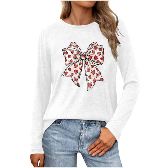 KIHOUT Women's Valentine's Day Heart Bow Print Long Sleeve Crew Neck Casual Top - Cotton Blend S-XXXL Multi-Color Women's Shirt