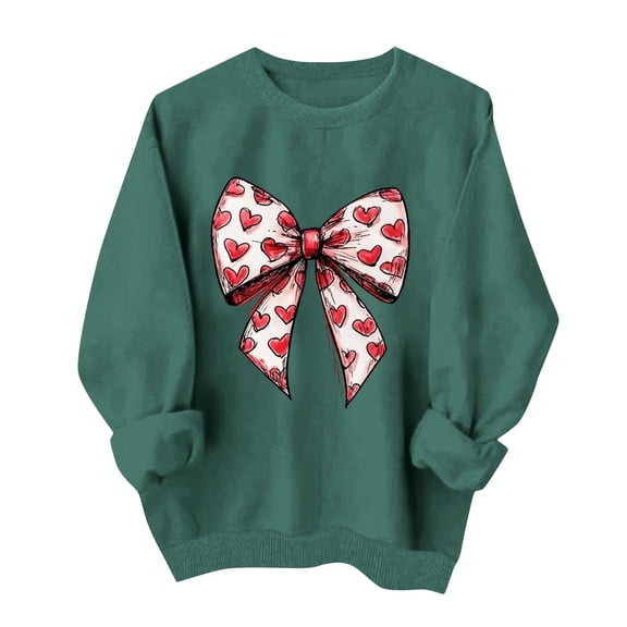 KIHOUT Women's Valentine's Day Heart-Print Bow Crew Neck Long Sleeve No-Hood Sweatshirt XS-XL (95% Polyester 5% Spandex)