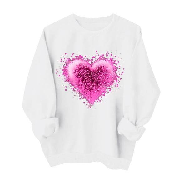 KIHOUT Women's Valentine's Day Pink Glitter Splatter Heart Print Crew Neck Long Sleeve No-Hood Sweatshirt XS-XL (95% Polyester 5% Spandex)