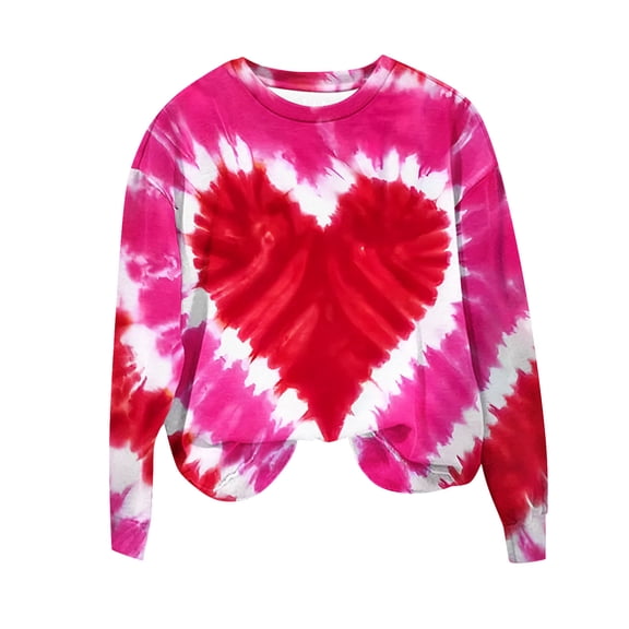 KIHOUT Women's Valentine's Day Pink Tie-Dye Heart Sweatshirt - Pink Tie Dye Crew Neck Long Sleeve with Red Heart Print for Romantic Casual Wear