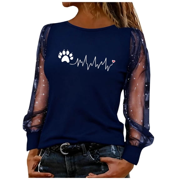 KIHOUT Women's Valentine's Day Sheer Mesh Panel Sequin Heart Print Long Sleeve Crew Neck Top - 95% Polyester 5% Spandex S-XXL Sparkle Casual Shirt