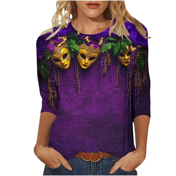 KIHOUT Women's Vibrant Floral Feather Mardi Gras Mask 3/4 Sleeve Top - Colorful Print, Ideal for Carnival Parties & Daily Wear (S-5XL)