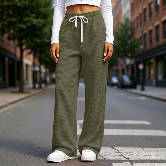 KIHOUT Women's Waffle Knit Pants Drawstring Elastic Waist Wide Leg Casual Pants with Pockets High Waisted Comfy Lounge Trousers for Daily Wear