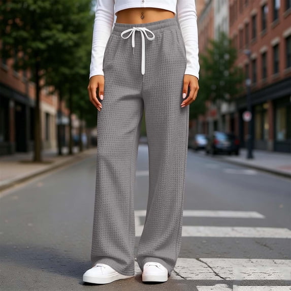 KIHOUT Women's Waffle Knit Pants Drawstring Elastic Waist Wide Leg Casual Pants with Pockets High Waisted Comfy Lounge Trousers for Daily Wear