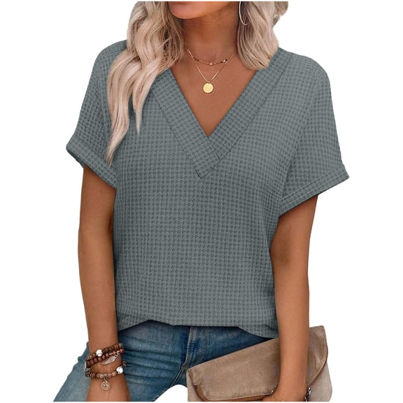 KIHOUT Women's Waffle Knit V-Neck Short Sleeve T-Shirt - Spring Summer Casual Daily Party Vacation Fashion Comfortable Wear