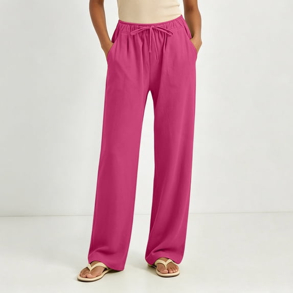 KIHOUT Women's Wide Leg Pants Drawstring Elastic Waist Loose Fit Casual Trousers with Side Pockets Lightweight Beach Vacation Pants for Summer