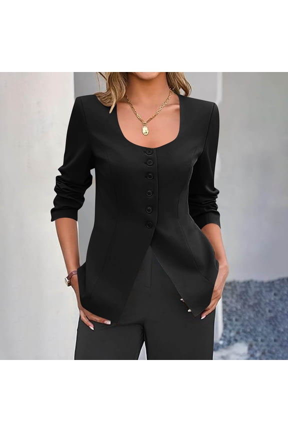 Womens Business Work Casual Blazers Button Down Scoop Neck Split Hem Fitted Suit Jackets