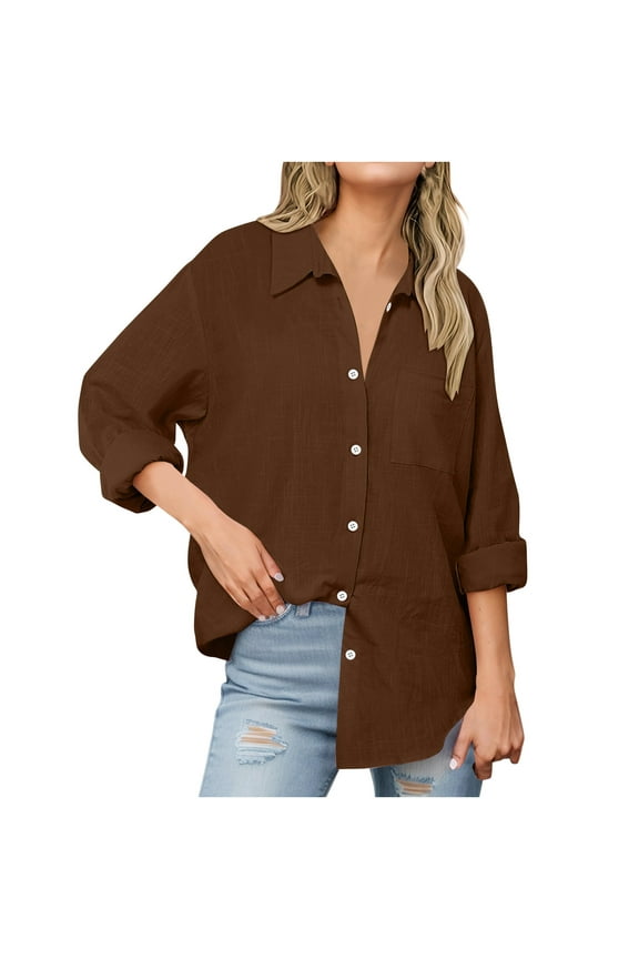 Womens Button Down Shirts Cotton Linen Long Sleeve Oversized Boyfriend Blouses Collared Dress Tops with Pockets