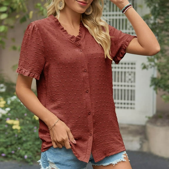 KIHOUT Womens' Fashion Casual Solid Short Sleeved Lace Loose And Comfortable T-Shirt Top Short Sleeved V-Neck Top/Shirt Summer