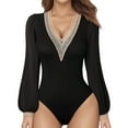 thumbnail image 1 of KIHOUT Womens Fashion Shorts Women's Fashionable Solid V-Neck Long Sleeve Casual Short Jumpsuit Lace Patchwork Discount, 1 of 4