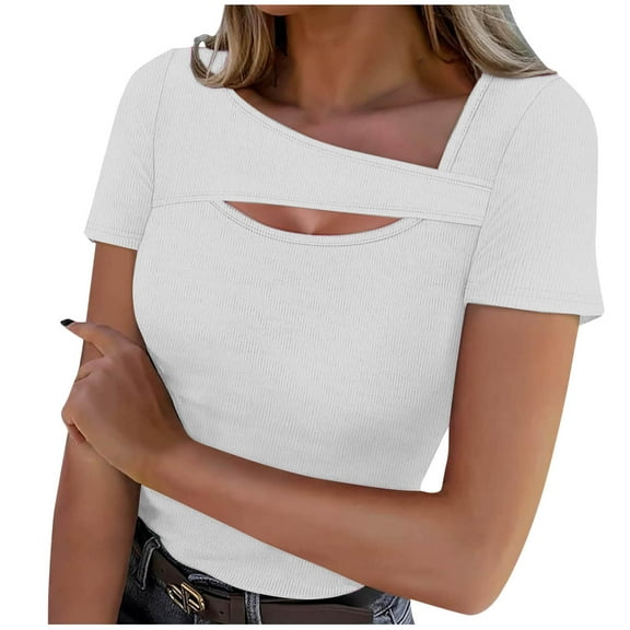 KIHOUT Womens Fashion Summer Clothes Cutout Tops Short Sleeve Ribbed Slim Fitted Shirts Tee T-Shirt