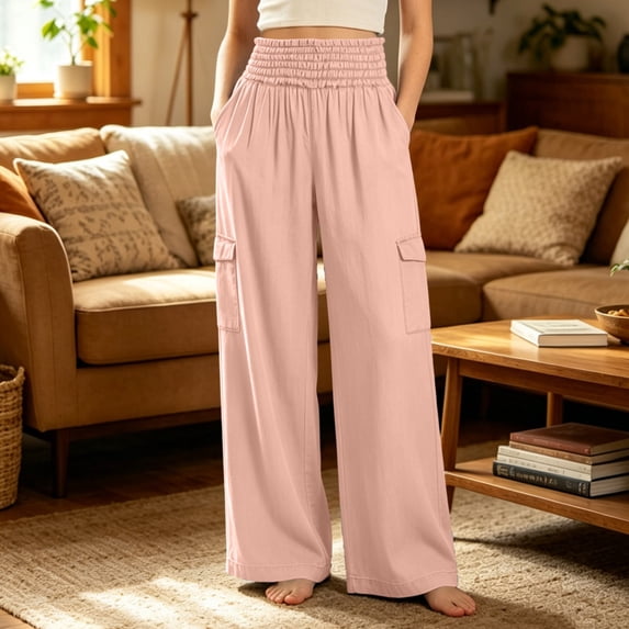 KIHOUT Womens High Waisted Wide Leg Cargo Pants Casual Loose Fit Smocked Waistband Elastic Waist Pants with Pockets Long Trousers