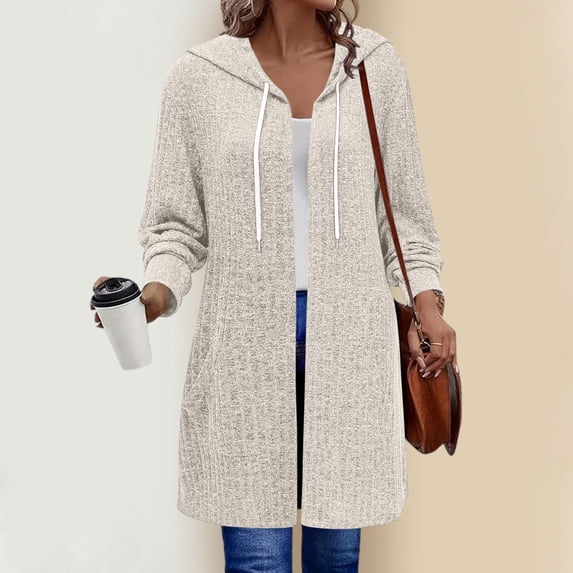KIHOUT Womens Longline Hooded Cardigan Open Front Maxi Cardigan with Pockets Drawstring Loose Fit Long Sleeve Sweater Coat for Fall Winter