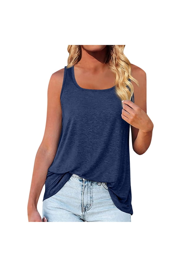 Womens Loose Blouses Tops Solid Square Neck Casual T-shirt Summer Sleeveless Long Tank Tops for Women(Navy,S-2XL)
