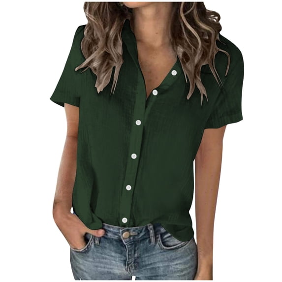 KIHOUT Womens Shorts Sleeve Button Down Cotton Linen Shirt Blouse Loose Fit Casual V-Neck Tops