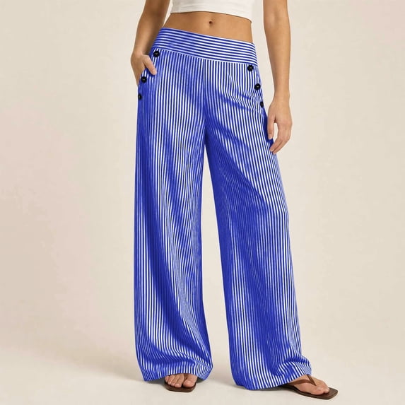 KIHOUT Womens Striped Waist Wide Leg Pants High Rise Elastic Back Casual Loose Fit Straight Leg Trousers with Pockets Daily Wear