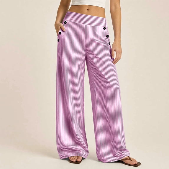 KIHOUT Womens Striped Waist Wide Leg Pants High Rise Elastic Back Casual Loose Fit Straight Leg Trousers with Pockets Daily Wear