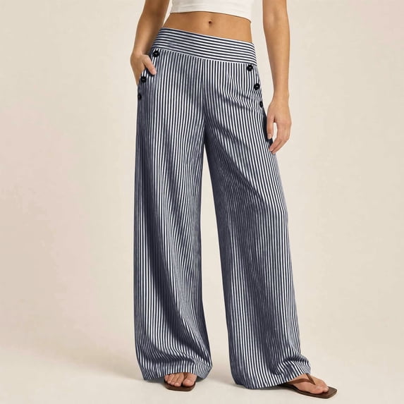 KIHOUT Womens Striped Waist Wide Leg Pants High Rise Elastic Back Casual Loose Fit Straight Leg Trousers with Pockets Daily Wear