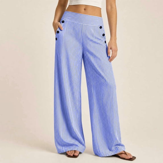 KIHOUT Womens Striped Waist Wide Leg Pants High Rise Elastic Back Casual Loose Fit Straight Leg Trousers with Pockets Daily Wear