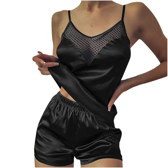 KIHOUT Womens Summer Silk Satin Pajama Two-Piece Set Plus Size,V-Neck Spaghetti Strap Camisole Tops Elastic Waist Pajama Shorts,Ladies Home Casual Pajama Sets on (Black,S-3XL)