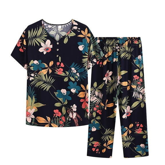 KIHOUT Womens Summer T Shirts and Pants Pajama Two-piece Set Plua Size,O-Neck Short Sleeve Button Shirt Tops,Elastic Waist Pajama Capris Pants,Ladies Home Casual Pajama Sets XL-4XL