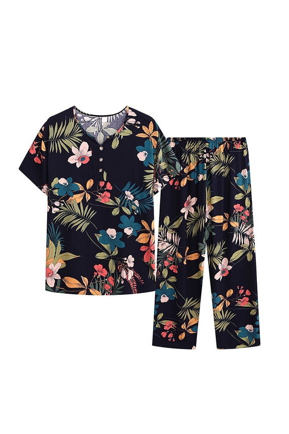 Womens Summer T Shirts and Pants Pajama Two-piece Set Plua Size,O-Neck Short Sleeve Button Shirt Tops,Elastic Waist Pajama Capris Pants,Ladies Home Casual Pajama Sets XL-4XL