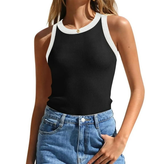 KIHOUT Womens Summer Tops Sleeveless Workout Tanks for Women Ribbed High Round Neck Racerback Slim Fitted Color Block Casual Tanks