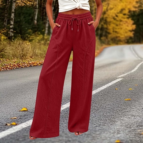 KIHOUT Womens Summer Wide Leg Pants Cotton Linen Blend Solid Color Loose Fit Casual Trousers with Pockets Elastic Drawstring Waist
