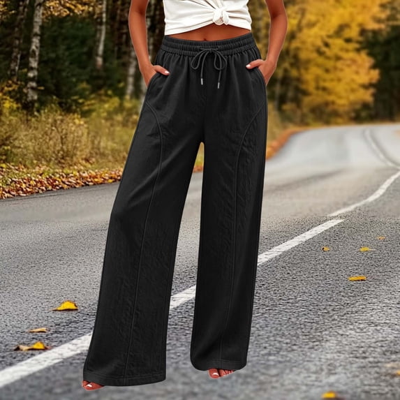 KIHOUT Womens Summer Wide Leg Pants Cotton Linen Blend Solid Color Loose Fit Casual Trousers with Pockets Elastic Drawstring Waist