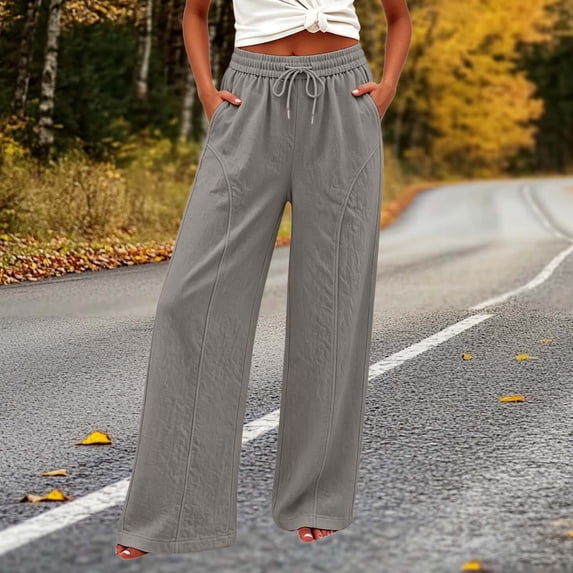 KIHOUT Womens Summer Wide Leg Pants Cotton Linen Blend Solid Color Loose Fit Casual Trousers with Pockets Elastic Drawstring Waist