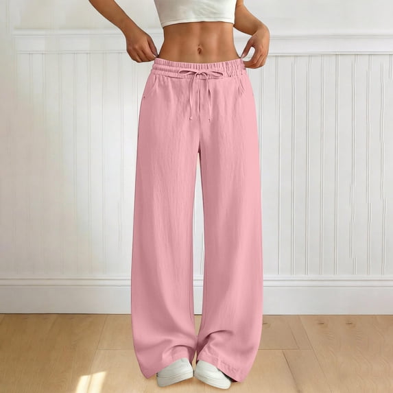 KIHOUT Womens Summer Wide Leg Pants High Waisted Solid Color Loose Casual Lounge Trousers with Pockets and Drawstring Elastic Waist