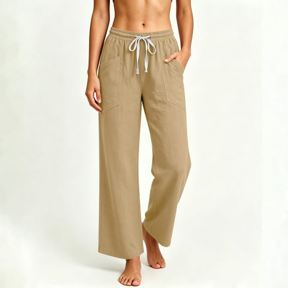 KIHOUT Womens Wide Leg Pants High Waisted Solid Color Casual Loose Fit Drawstring Elastic Waistband Trousers with Pockets Long Pants